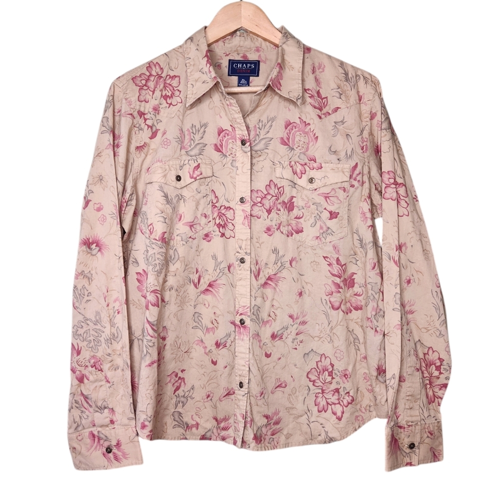 Vintage Chaps Tan Floral Cotton Shirt Button Down XL Cottagecore Cowgirl Western